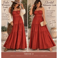 Forever 21 Rust Red Strapless Tiered Maxi Dress Boho Sweetheart Neckline Cotton