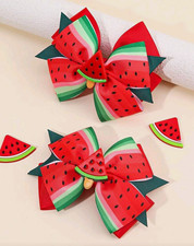 Girls Watermelon Ribbon Fabric Bow Hair Clip Set of 2, Red Green White Black