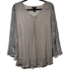 Alfani Woman Metallic Sheer Bell Sleeve V Neck Top Blouse Beige Sparkle Sz 0X