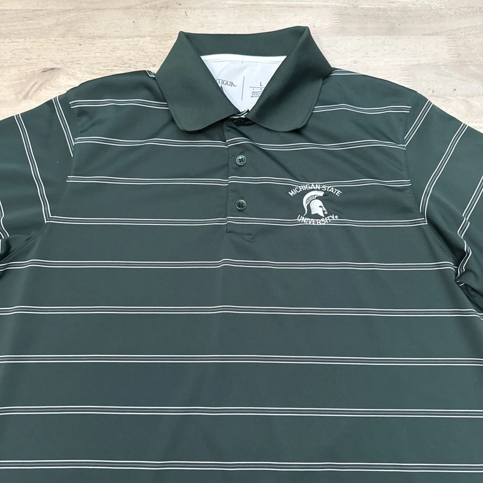 Michigan State Spartans Short Sleeve Polo Shirt Mens Sz L Large Green Stripe - Image 3 of 4