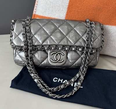 Chanel Classic Flap Calfskin Chain Shoulder Bag Silver Women | eBay