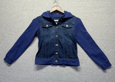 Levi's Hybrid Trucker Jacket Girls Large Navy Blue Cotton Hooded Button Front