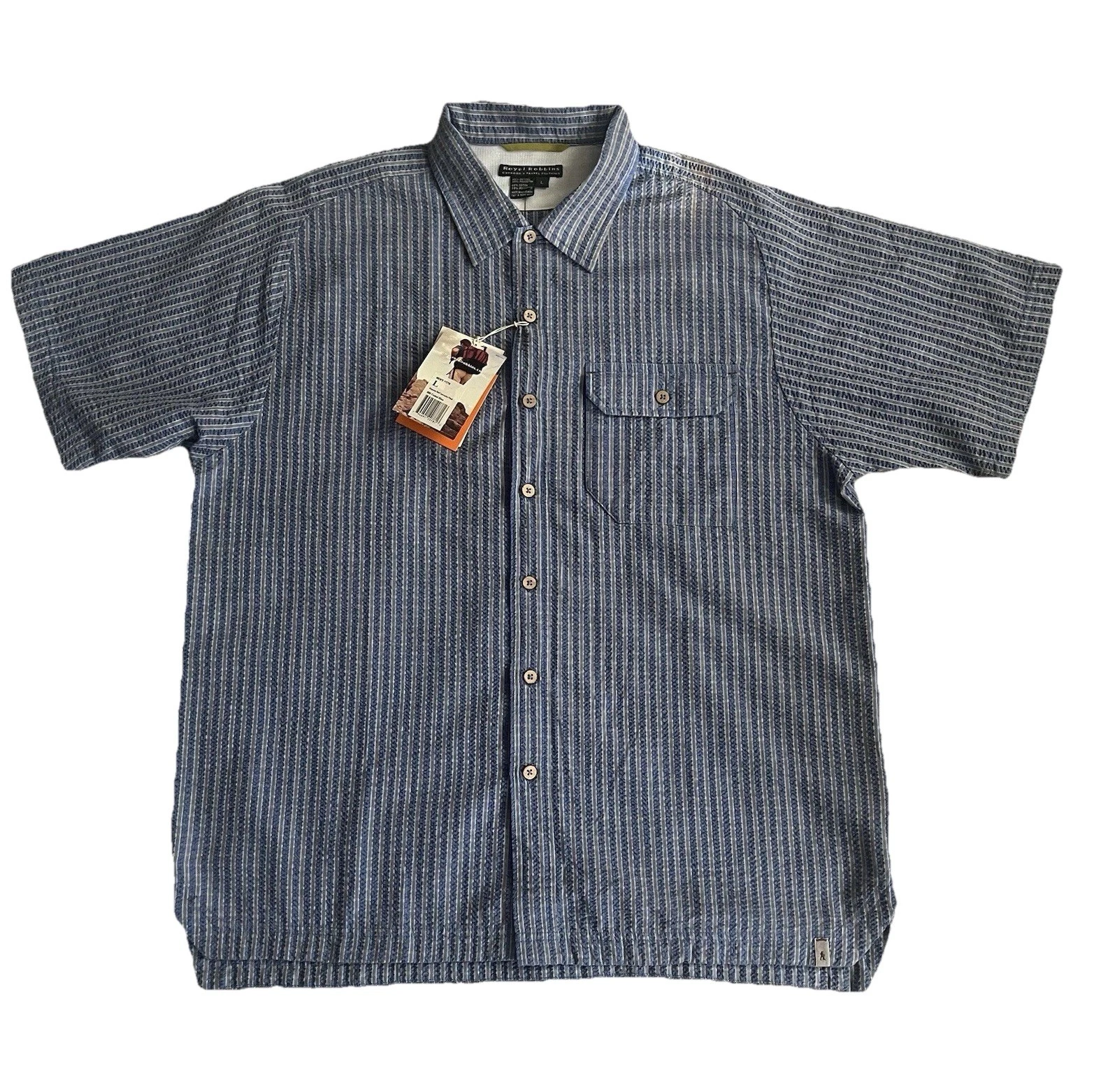 Royal Robbins Men's L Blue Seersucker Short Sleeve Button Up NWT Outdoors Travel