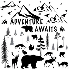 4 Sheets Mountain Wall Decals - Rustic Nursery Dreamy Forest with Pine Tree D...