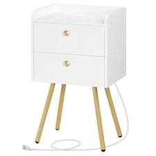  Nightstand with Charging Station, Modern End Table with 2 Drawers, Stylish 