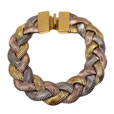 VTG MONET Omega Braided Tri-Color Chain Bracelet 7.5" Gold Silver & Rose Tone
