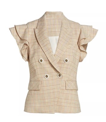 Veronica Beard Janae Plaid Ruffle Blazer Jacket Button Up Khaki Multi Size 0 NWT