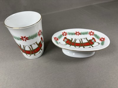 Vintage Ceramic Bathroom  Noel Cup and Soap Dish Set  Christmas Made in Korea