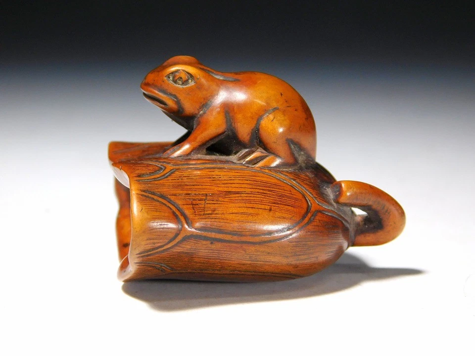 Frosch auf dem Lotus 根付 Netsuke Edo original netsuke inro antik - Bild 3 von 4