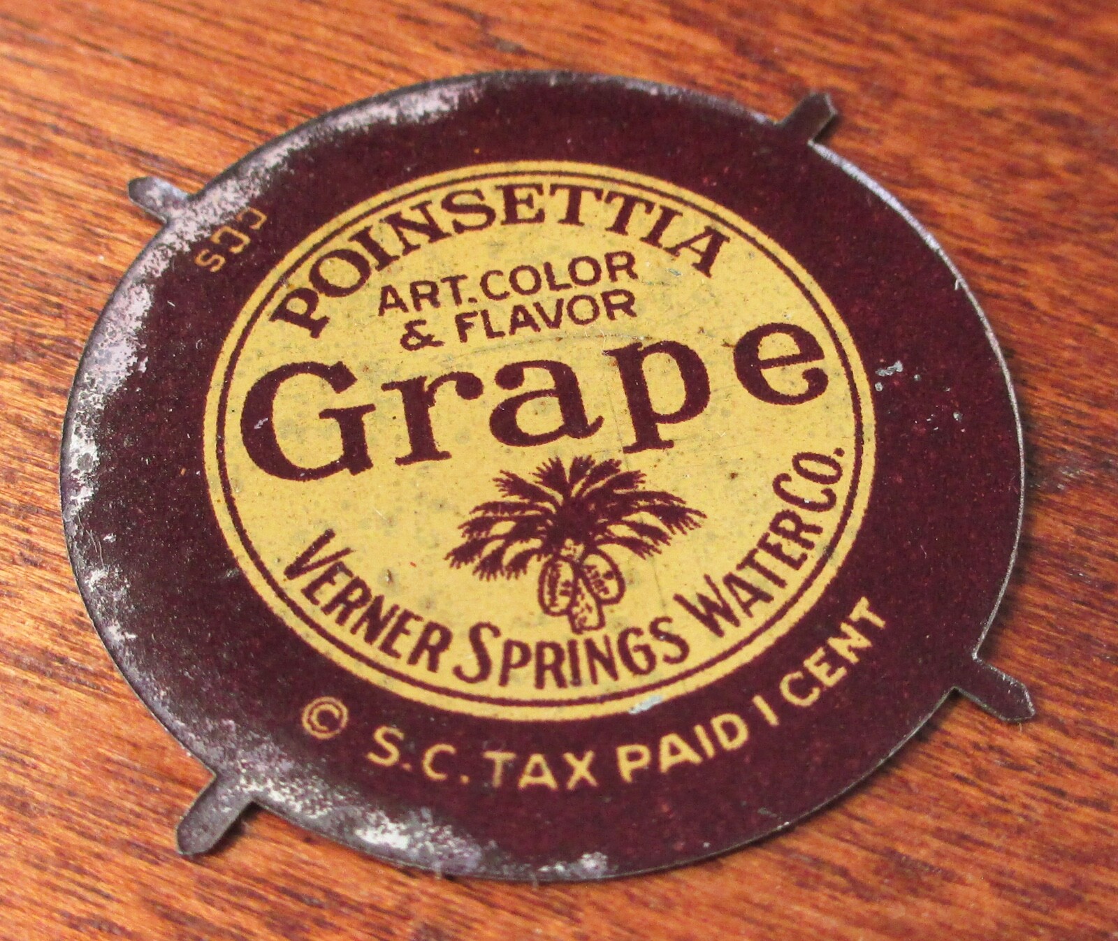 Vintage POINSETTIA Grape Soda Cork Bottle Cap Slug, Greenville SC Tax