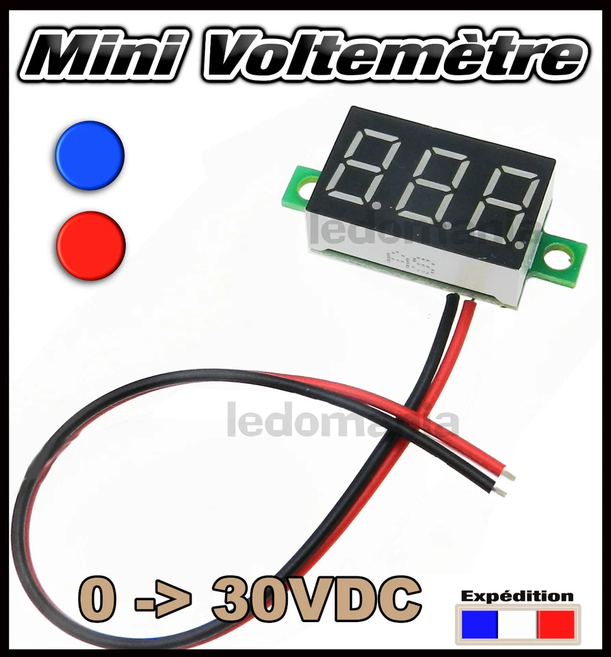 mini voltmètre LED rouge, bleu ou vert 0 à 30V DC suivant la version