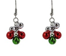 Jingle bells holiday Christmas earrings in red, green, and silver - New