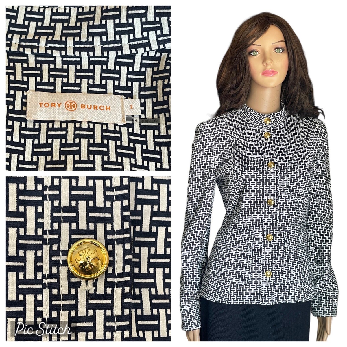 Tory Burch Cameron Crosshatch-print Jacket IvoryNavy with a