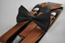 Black Bow tie bowtie + Tan Brown Elasitc Suspenders Braces