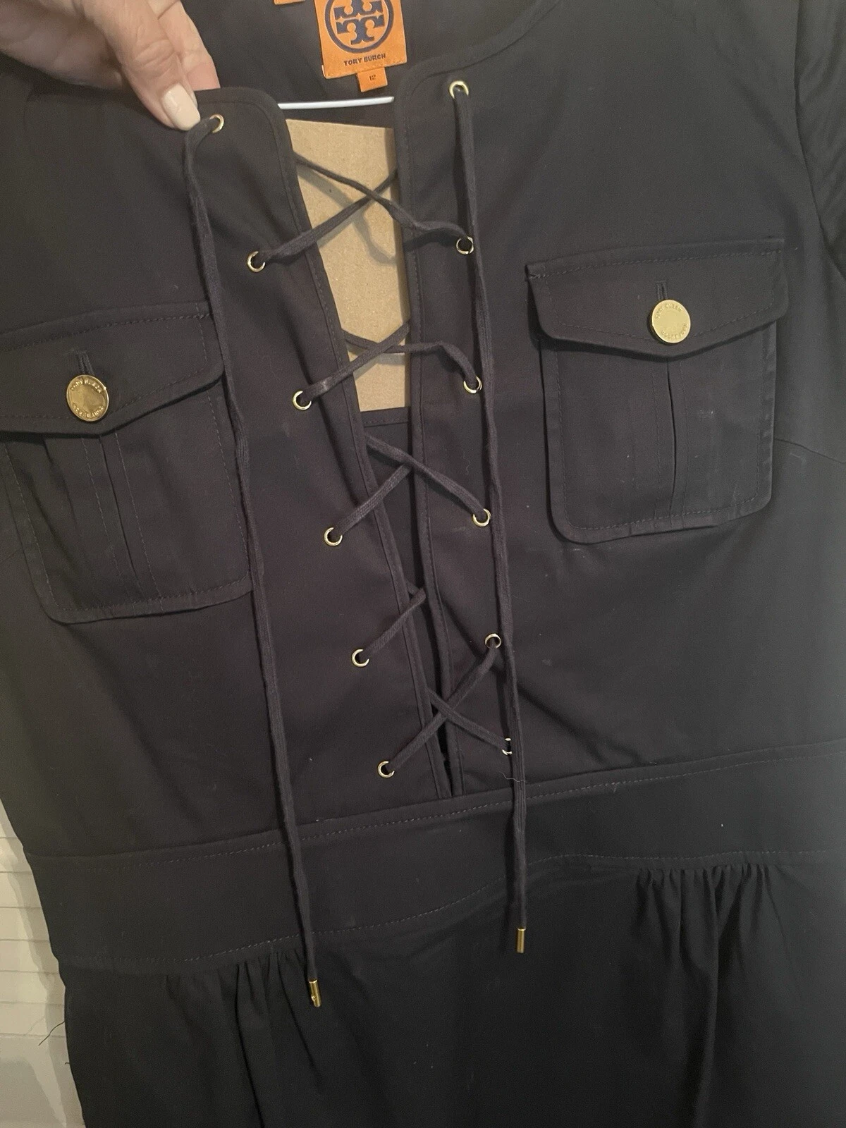 Abito Tory Burch taglia 10 12 blu navy con Bttns oro ispirazione nautica completamente foderato