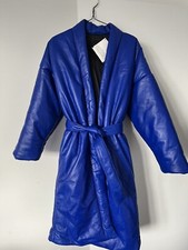 Massimo Dutti Leather Quilted Puffer Padded Belted Coat Size S Blue 699 NEW