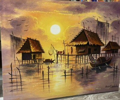 Oil Painting Of Floating Village Of Khmer House Cambodia 40cm X 50cm