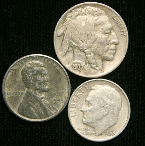 Old US Coin Estate Lot Buffalo Nickel Steel Cent Roosevelt Dime 3 Coin Set