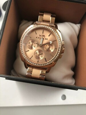 $250 COACH Womens Boyfriend Rose Gold Crystal Dial Leather  display picture 3