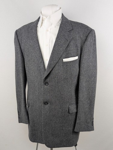 VINTAGE Stafford Sport Coat Blazer Mens 46R (Fit 44) Gray Herringbone Lambswool - Picture 2 of 16