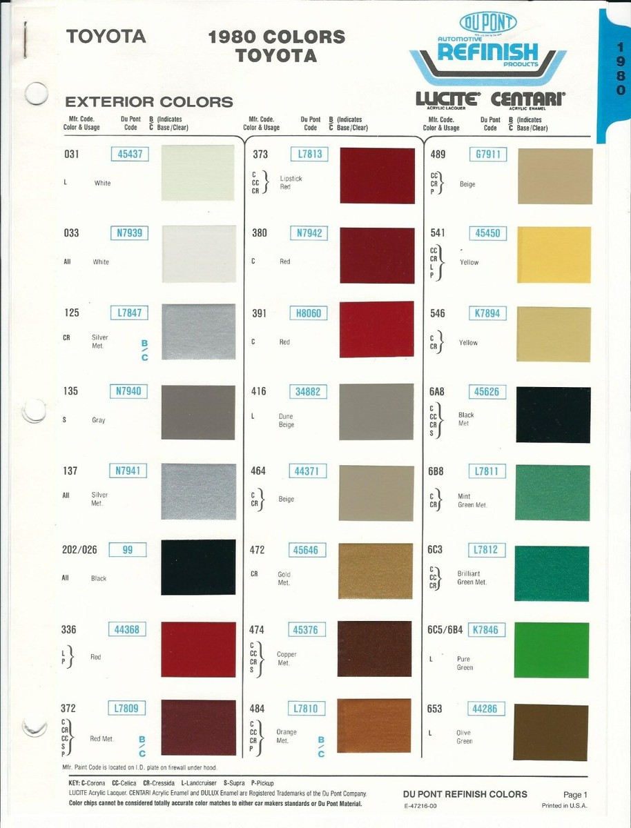 1980 AND 1981 TOYOTA CORONA CELICA SUPRA LANDCRUISER COLOR SAMPLES