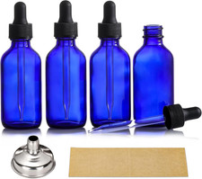 4 Pack, 2 Oz Dropper Bottles with 1 Funnel  4 Labels - 60Ml Thick Dark Blue Gla