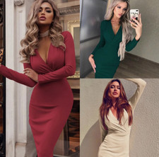 Evening Party Midi Dress UK 6-16 Women Bodycon Dresses V-Neck Ladies Long Sleeve