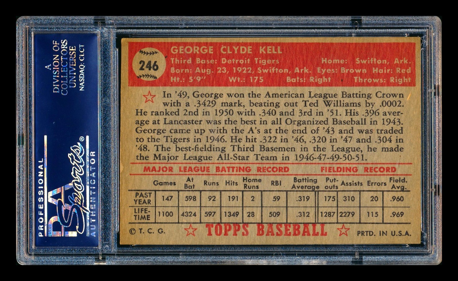 1952 TOPPS #246 GEORGE KELL DETROIT TIGERS PSA 6 EX-MT! view 2