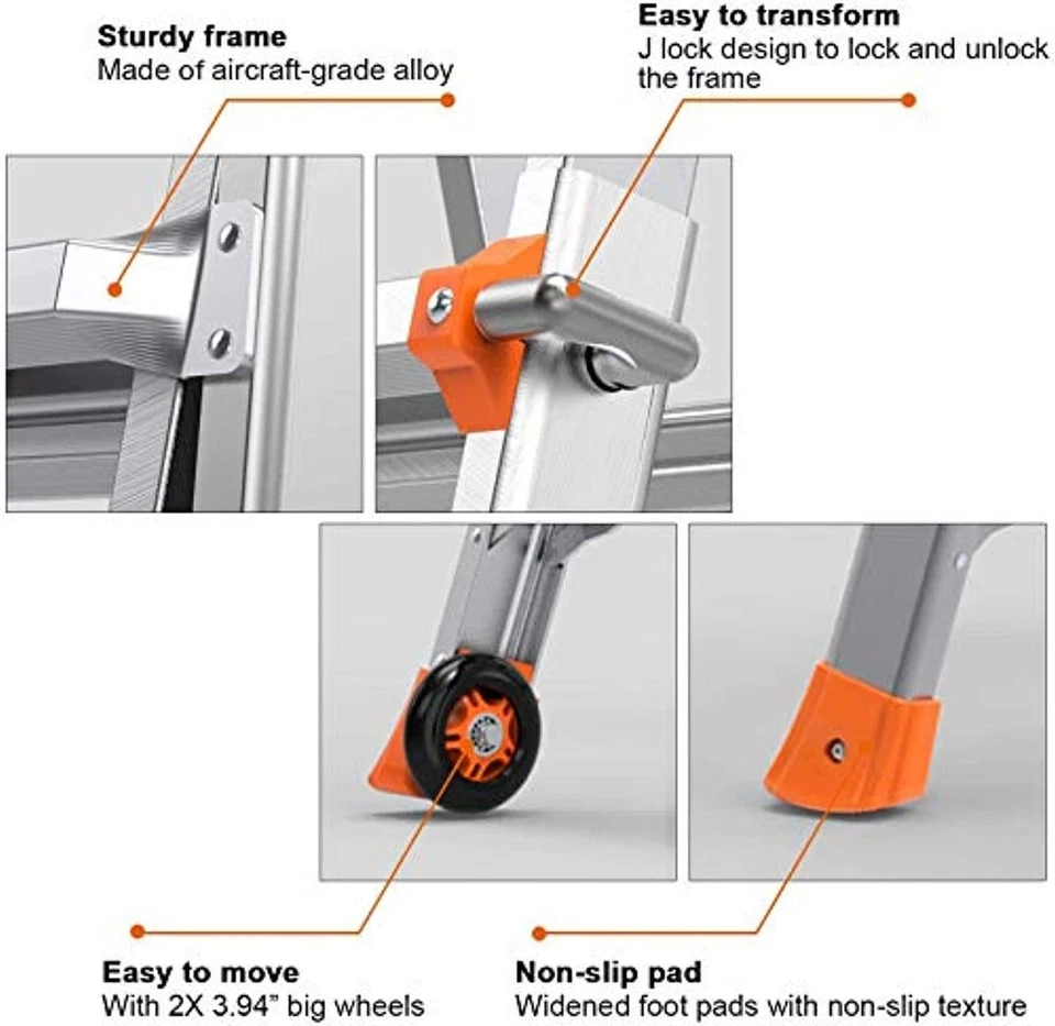 ESCALERA TELESCÓPICA DE ALUMINIO MULTIUSO 17 FT 2 ruedas flexibles diseño antideslizante Foto 4 de 4