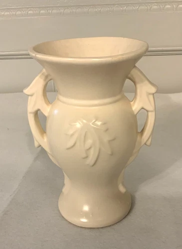 Vintage McCOY 1940s Ceramic Two Handle Vase Urn Leaf Pattern Cream White 9"