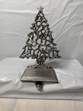 Pewter Metal Christmas Tree Fireplace Mantle Shelf Stocking Holder Hanger