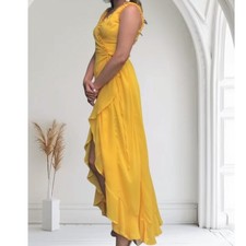 NWOT Lulus Juliette Buttercup Yellow Ruffled Hi Low Wrap Dress Size Large