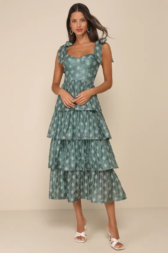 Gorgeous Excellence Teal Green Floral Burnout Tiered Midi Dress Size Medium