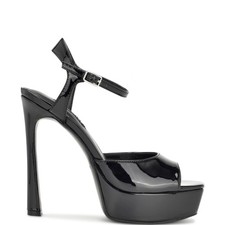 NINE WEST - LEGACY, Black glossy faux patent platform sandals 5.25" heel, SZ 8