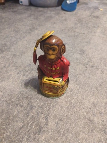 Vintage 1940s Chein Tin Litho Metal Monkey Bank 5" Tall