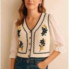 Blusa para mujer XS blanca tejida a ganchillo con botones manga abullonada