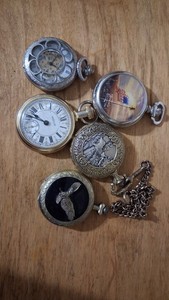 Vintage & Modern Pocket Watch Lot 5 pc Westclox Mechanical Skeleton Crafts Bulk
