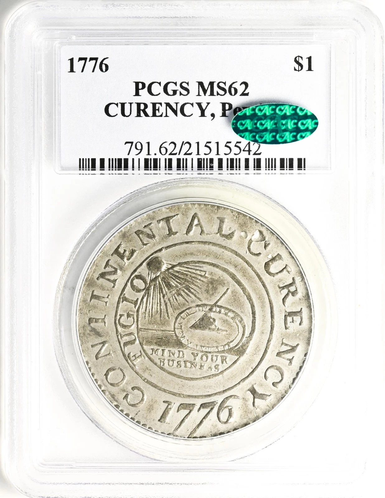 1776 CONTINENTAL CURRENCY $1 PCGS MS 62
