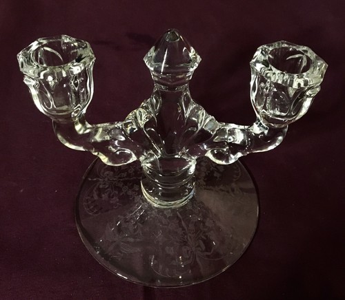Vtg pair Heisey Etched Orchid Base Glass Trident Double Candle Holder Crystal - Picture 3 of 9