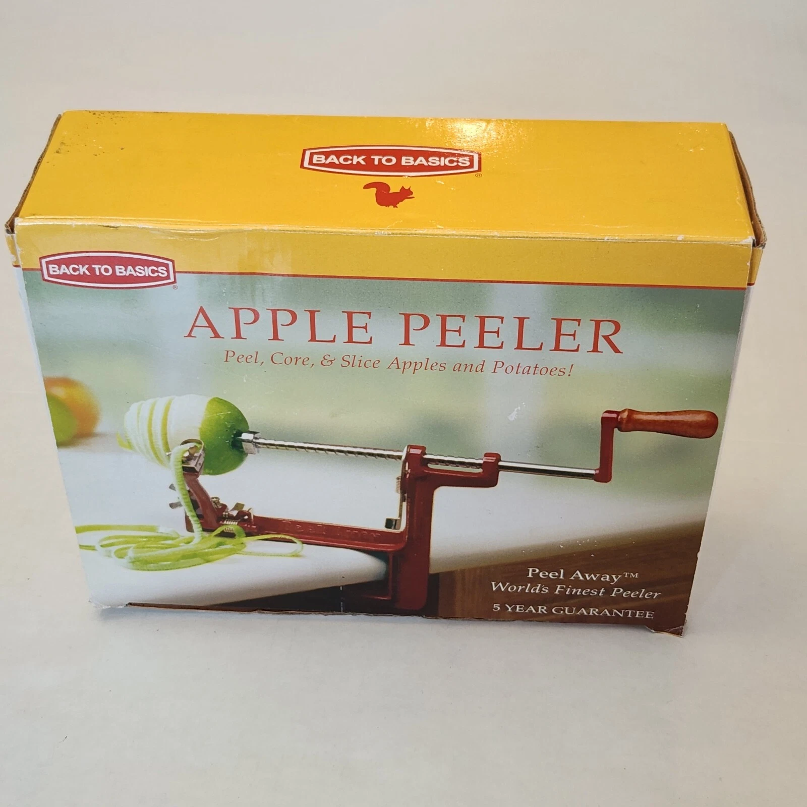 Back to Basics Apple Peeler Potato Stainless Peel Core Slice Crank Open Box