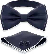 Men's Bow Ties with Handkerchief & Cufflinks Pre L - (adults) 06 Navy Blue