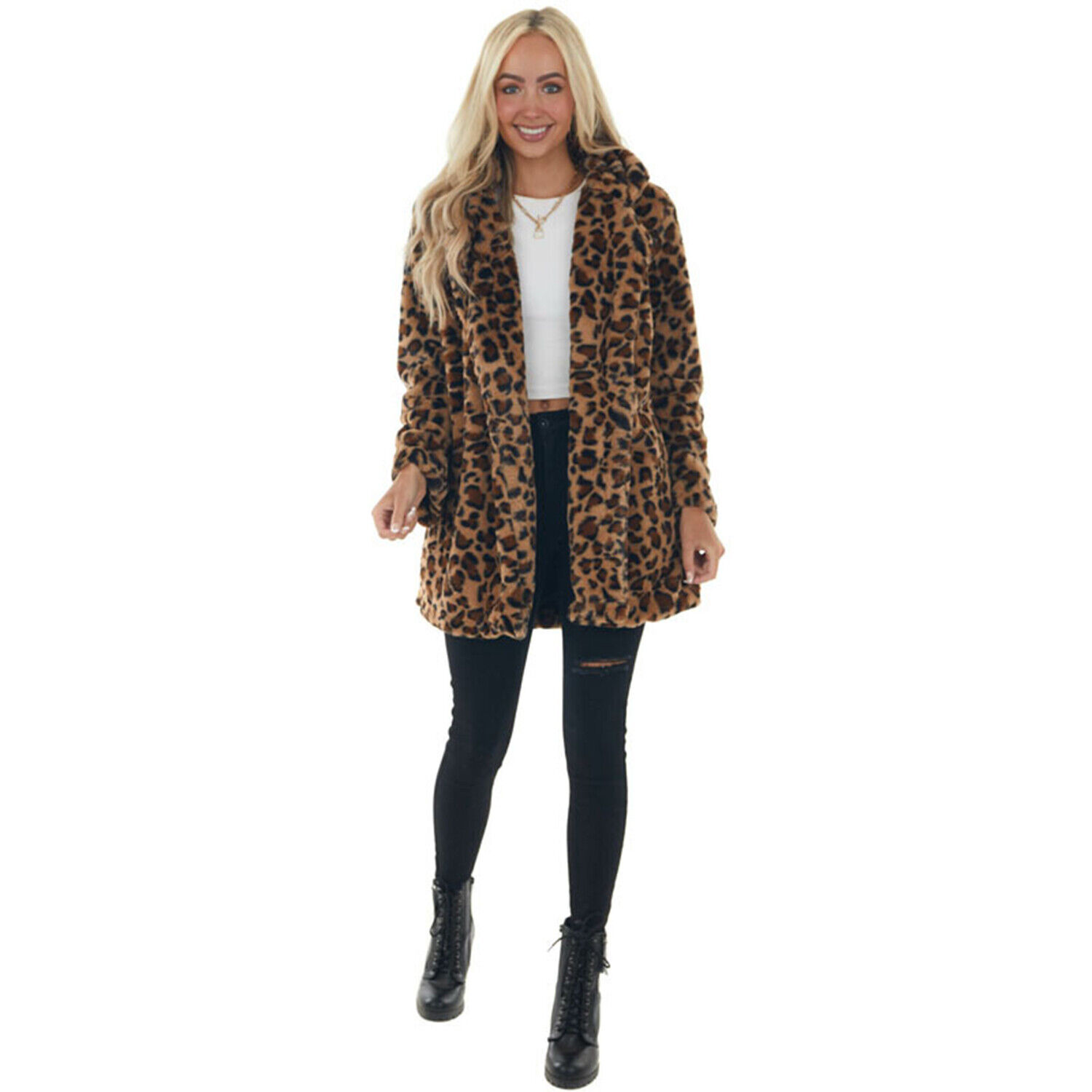 Women Leopard Print Winter Fluffy Coat Ladies Faux Fur Warm Jacket ...