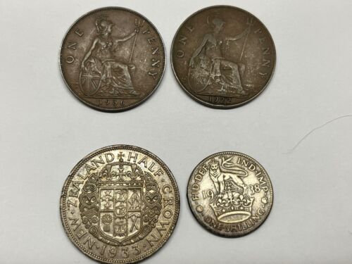 1933 New Zealand Half Crown Silver Coin King George V 2 UK Pennies & Schilling