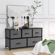 5 Drawers Gray Dresser for Bedroom Wood Top Organizer Fabric Storage Drawers