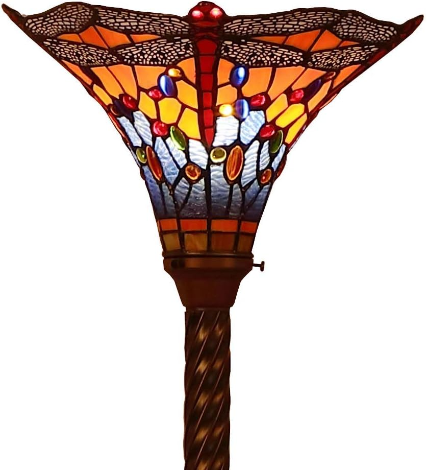 L10710 Dragonfly Tiffany Style Stained Glass Torchiere Floor Lamp with 13 Inch W