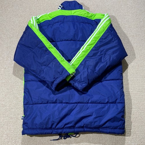 VINTAGE Adidas Parka Jacket Mens Large Blue Neon Green Long Football Rain Coat - Picture 11 of 12