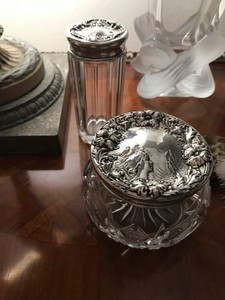 TWO .925 Sterling Silver ArtNouveau Repousse Antique Vanity Dresser Powder Jars