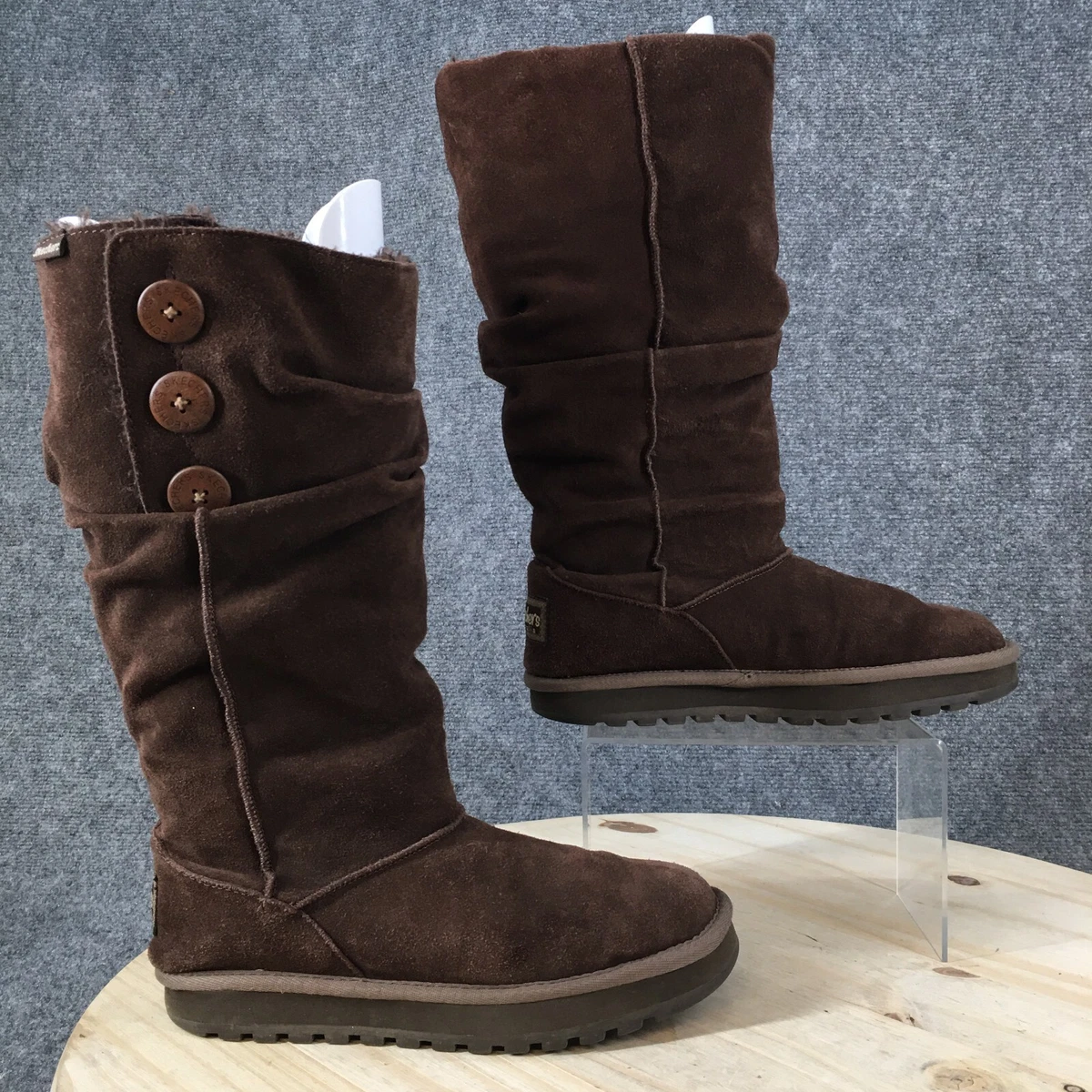 Skechers Australia Boots Womens 8.5 Mid Button Shearling Snow Boot Brown Suede
