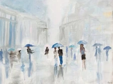 Umbrellas People Painting Abstract Original Art 18 by 24 In By Chernetsova