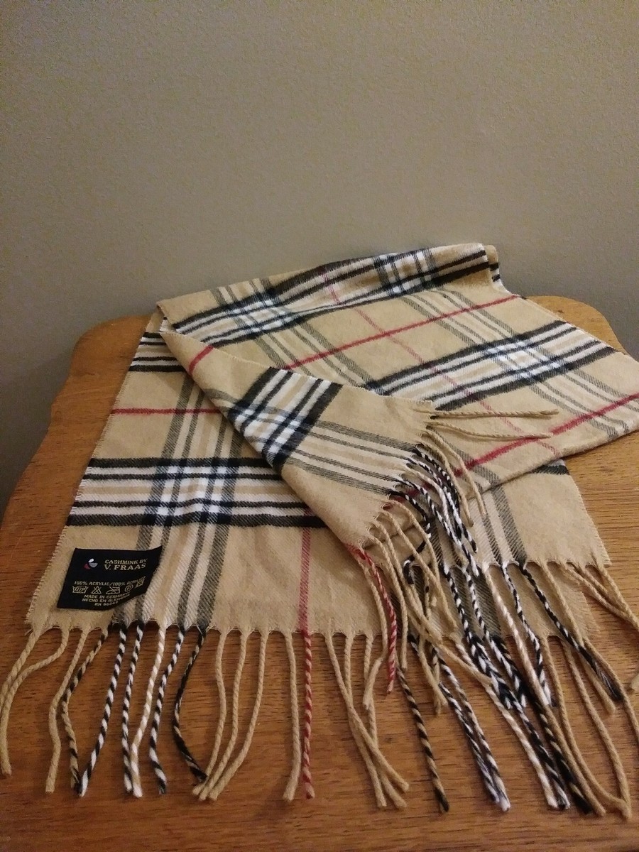 FRAAS Cashmink Scarf Beige Red Check Plaid Fringe Scarf UK